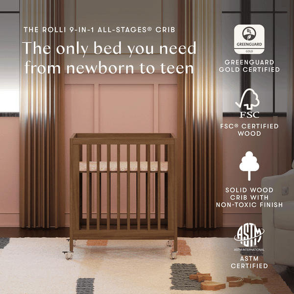 M30880NL,Babyletto,Rolli 9-in-1 Convertible All-Stages® Crib w/ Bassinet & Toddler Bed Kits in Natural Walnut