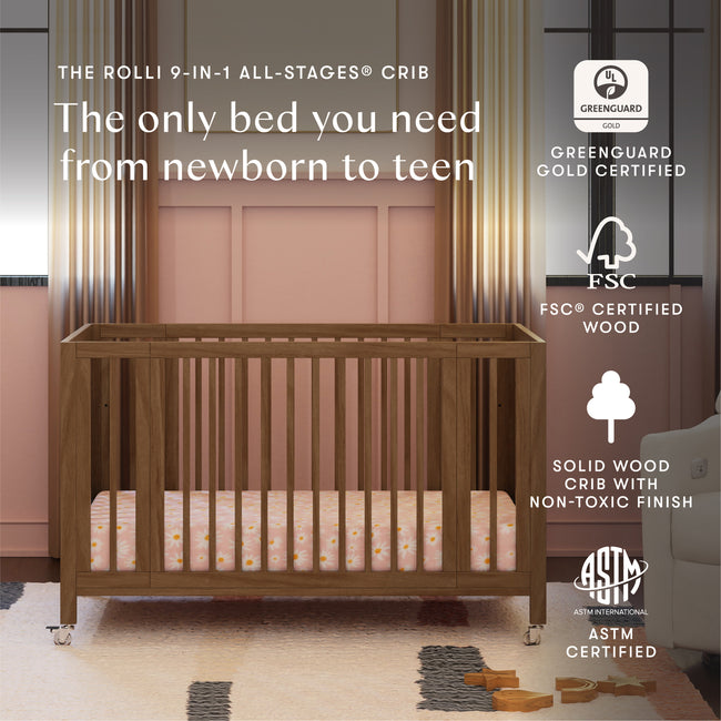 M30880NL,Babyletto,Rolli 9-in-1 Convertible All-Stages® Crib w/ Bassinet & Toddler Bed Kits in Natural Walnut