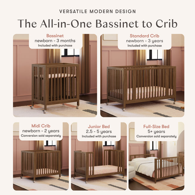 M30880NL,Babyletto,Rolli 9-in-1 Convertible All-Stages® Crib w/ Bassinet & Toddler Bed Kits in Natural Walnut