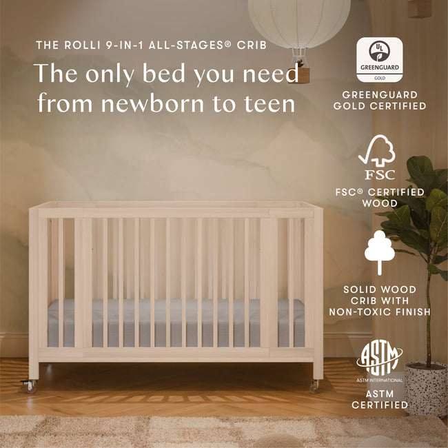 M30880NX,Babyletto,Rolli 9-in-1 Convertible All-Stages® Crib w/ Bassinet & Toddler Bed Kits in Washed Natural