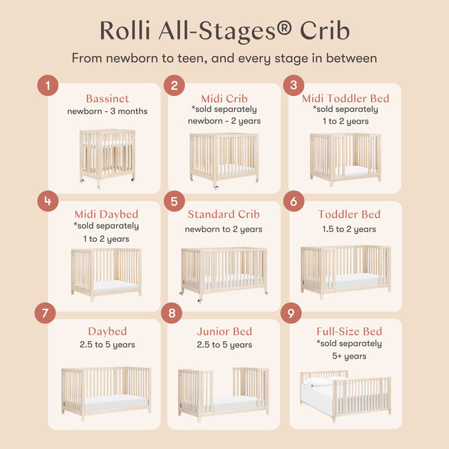 M30880NX,Babyletto,Rolli 9-in-1 Convertible All-Stages® Crib w/ Bassinet & Toddler Bed Kits in Washed Natural