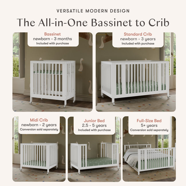 M30880W,Babyletto,Rolli 9-in-1 Convertible All-Stages® Crib w/ Bassinet & Toddler Bed Kits in White