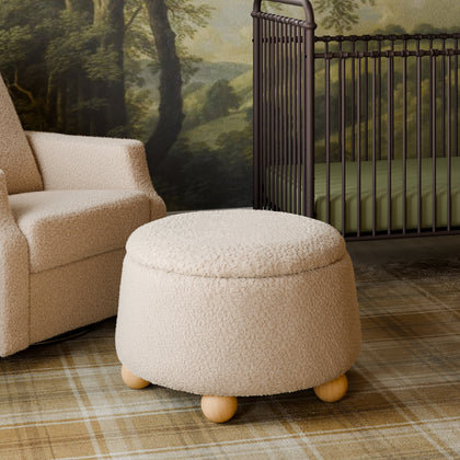 M30985CSGHF,Namesake,Tuffet Storage Ottoman in Chai Shearling w/Honey Ball Feet