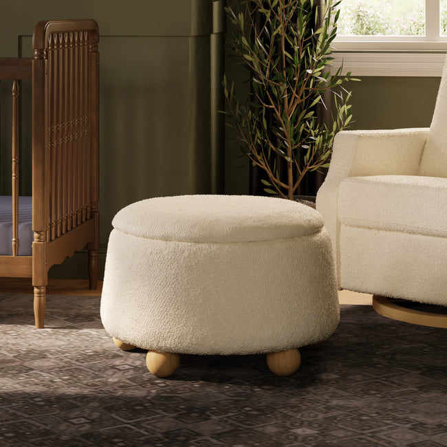 M30985PWBHF,Namesake,Tuffet Storage Ottoman in Performance Ivory Boucle w/Honey Ball Feet
