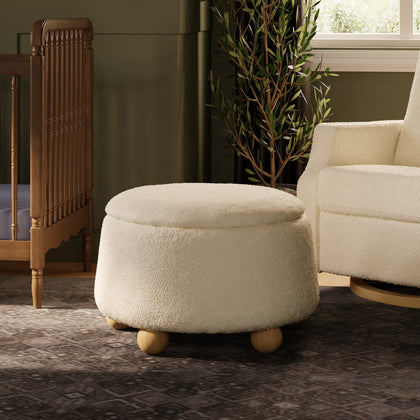 M30985PWBHF,Namesake,Tuffet Storage Ottoman in Performance Ivory Boucle w/Honey Ball Feet
