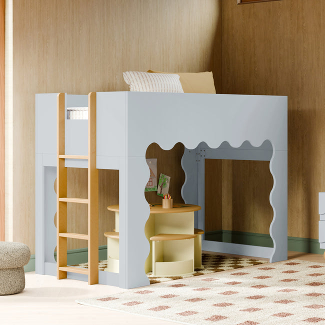 M31171PBHY,Babyletto Kids,Lido Wave Low Loft Twin Bed in Powder Blue and Honey