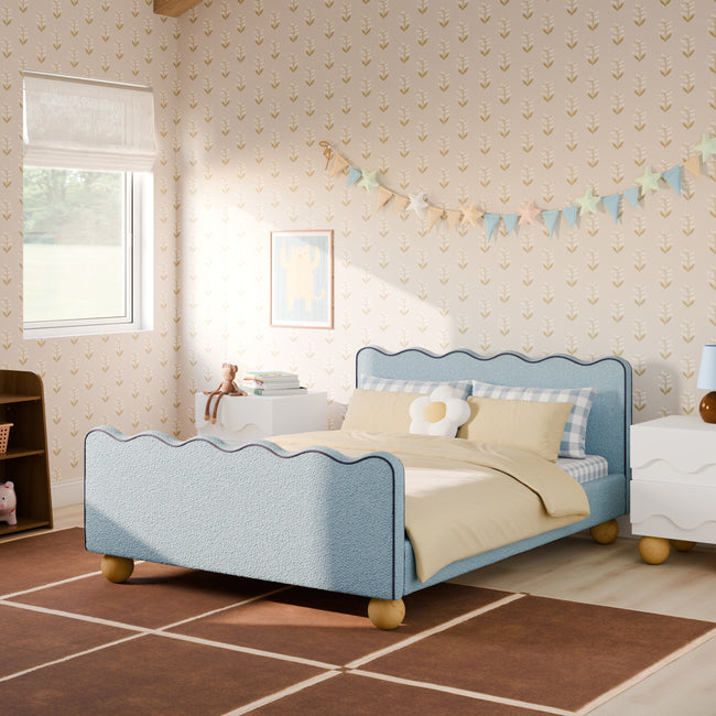M31396PSBBY,Babyletto Kids,Rizo Full Bed in Performance Sky Boucle w/Blueberry Piping