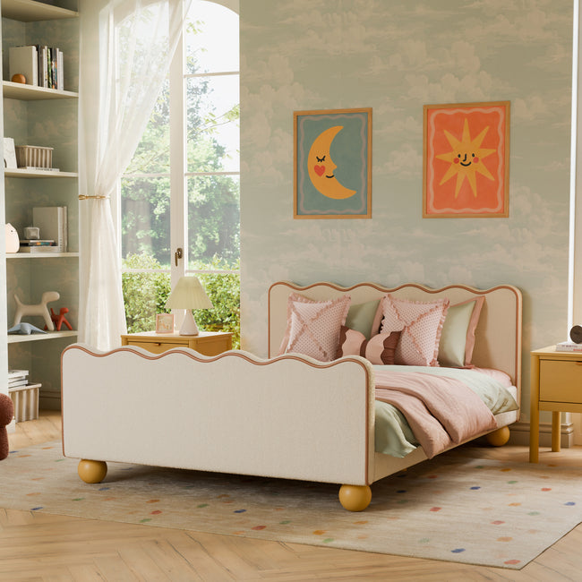 M31396PWBTAN,Babyletto Kids,Rizo Full Bed in Performance Ivory Boucle w/ VTan Leather Piping