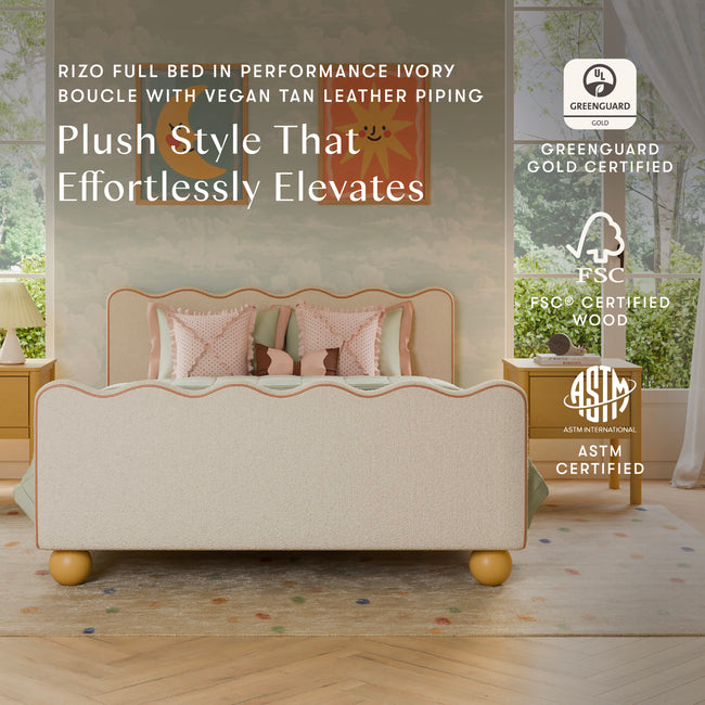 M31396PWBTAN,Babyletto Kids,Rizo Full Bed in Performance Ivory Boucle w/ VTan Leather Piping