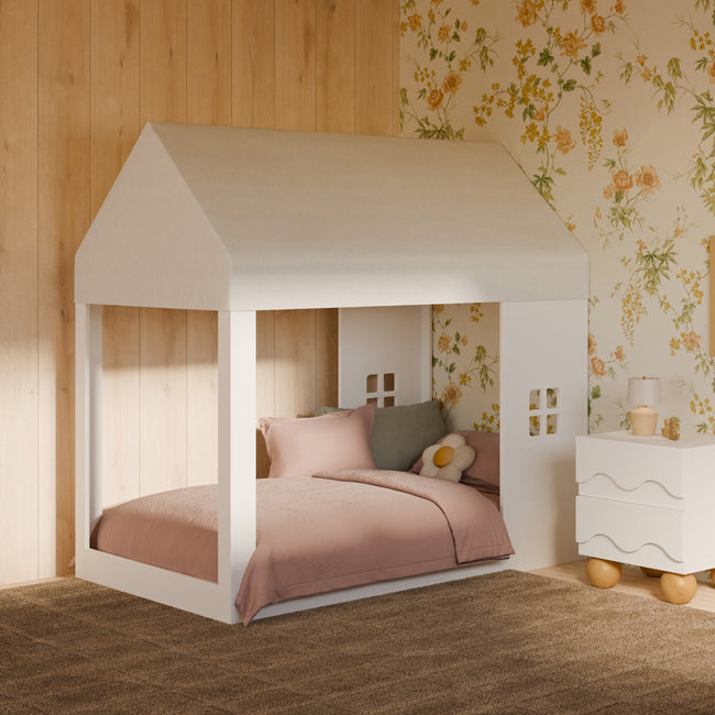 M32830FCS,Babyletto Kids,Uchi Montessori-Inspired House Twin Bed Canopy in Fog Chatham Stripe Eco-Weave