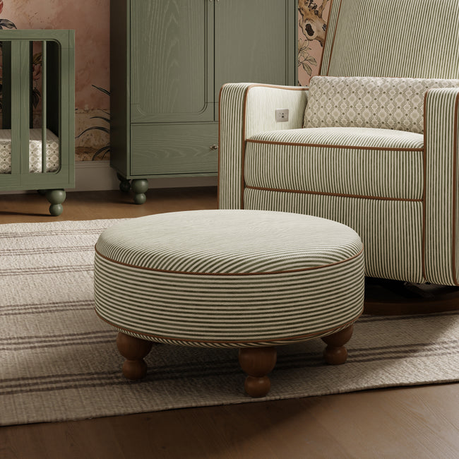 M33385OSCTF,Babyletto,Nate Berkus x Babyletto Astre Ottoman in Perf Olive Stripe Eco-Crossweave w/Toffee feet