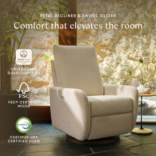 M34688PWBTB,Babyletto,Petal Glider Recliner w/Electronic Control and USB in Performance Ivory Boucle w/ Toffee Wood Base