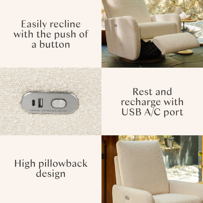 M34688PWBTB,Babyletto,Petal Glider Recliner w/Electronic Control and USB in Performance Ivory Boucle w/ Toffee Wood Base