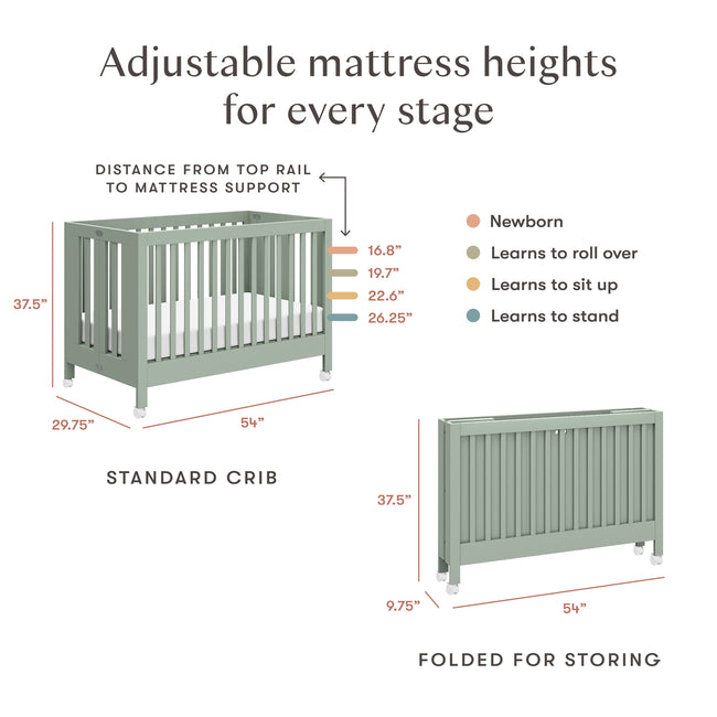 M6601LS,Babyletto,Maki Full Size Folding Crib w/ Toddler Bed Conversion Kit in Light Sage