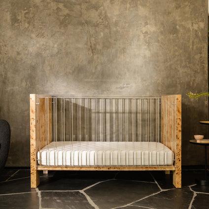 NW26101CKBU,Nursery Works,Altair Crib in Clear Acrylic with Burl
