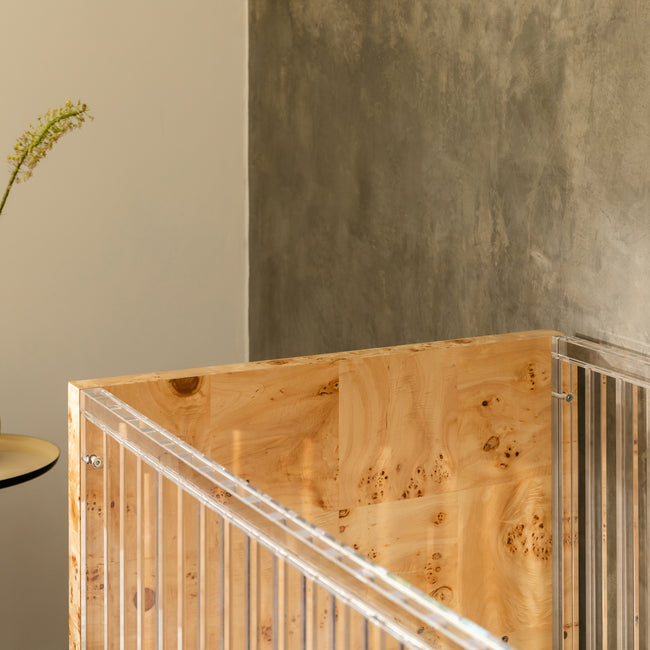 NW26101CKBU,Nursery Works,Altair Crib in Clear Acrylic with Burl