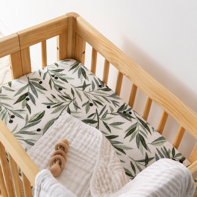 T28234,Babyletto,Olive Branches Muslin All-Stages Bassinet Sheet in GOTS Certified Organic Cotton