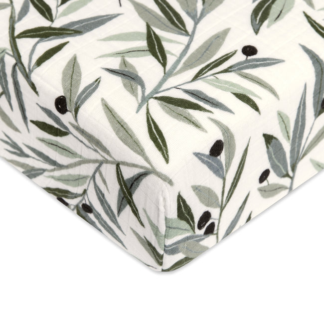 T28235,Babyletto,Olive Branches Muslin Crib Sheet in GOTS Certified Organic Cotton