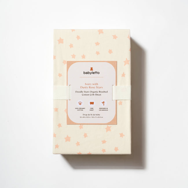T31035IDS,Babyletto,Doodle Stars Organic Brushed Cotton Crib Sheet in Ivory with Dusty Rose Stars