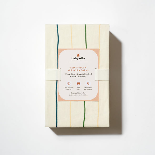 T33635ICS,Babyletto,Wonky Stripe Organic Brushed Cotton Crib Sheet in Ivory with Cool Multi-Color Stripes