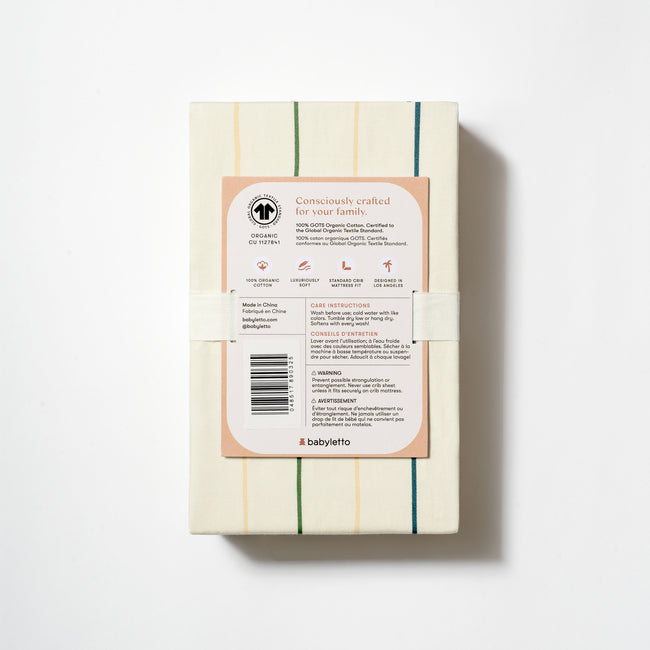 T33635ICS,Babyletto,Wonky Stripe Organic Brushed Cotton Crib Sheet in Ivory with Cool Multi-Color Stripes