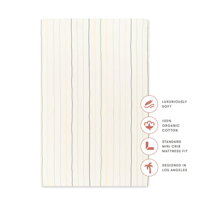 T33636ICS,Babyletto,Wonky Stripe Organic Brushed Cotton Mini CribSheet in Ivory with Cool Multi-Color Stripes
