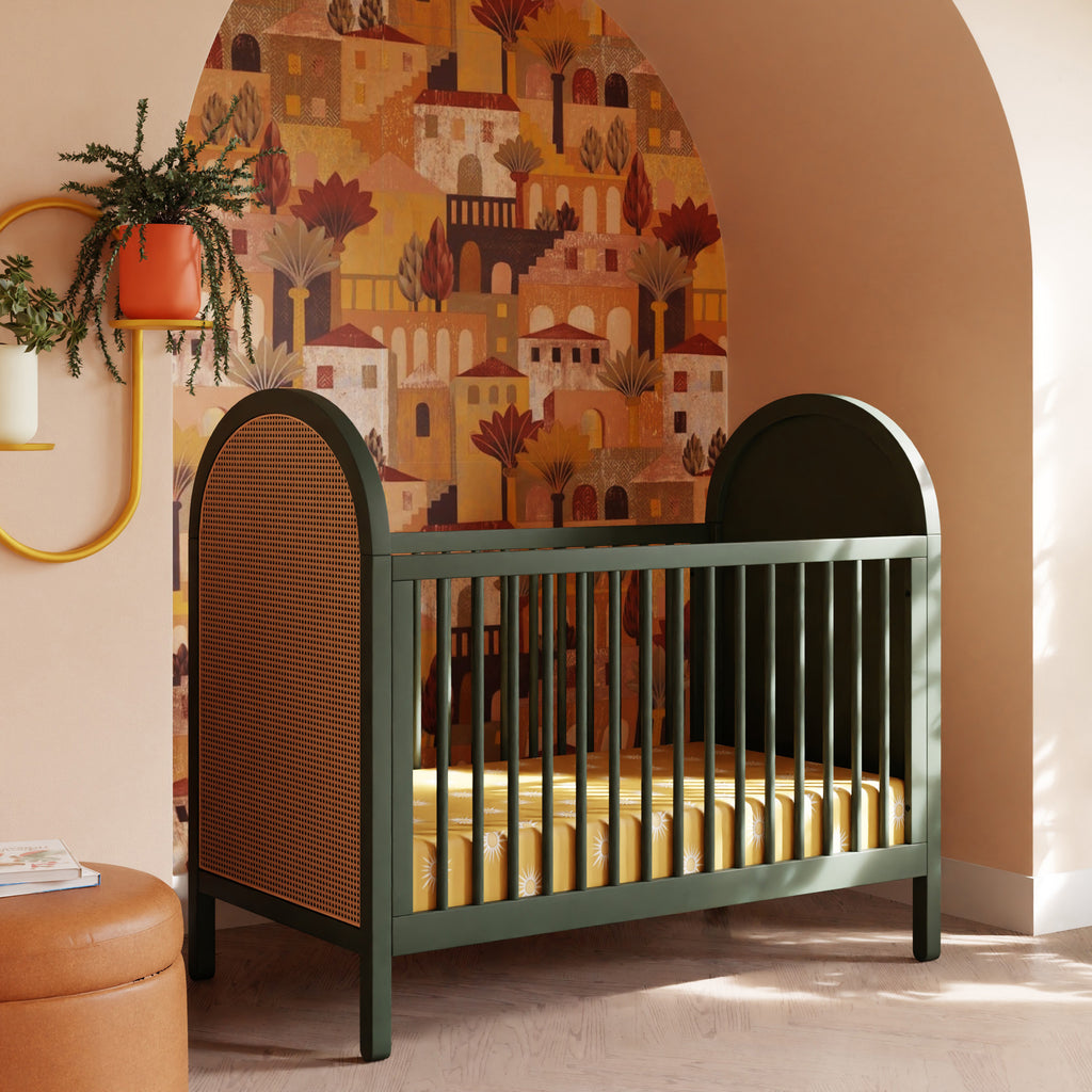 M25601FRGRNC,Bondi Cane 3-in-1 Convertible Crib w/ Toddler Bed Kit in Forest Green w/ Natural Cane