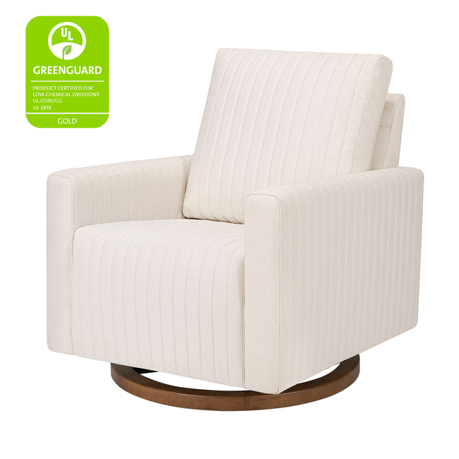 M26687PCMEWDB,Babyletto,Poe Channeled Swivel Glider in Performance Cream Eco-Weave w/ Dark Wood Base