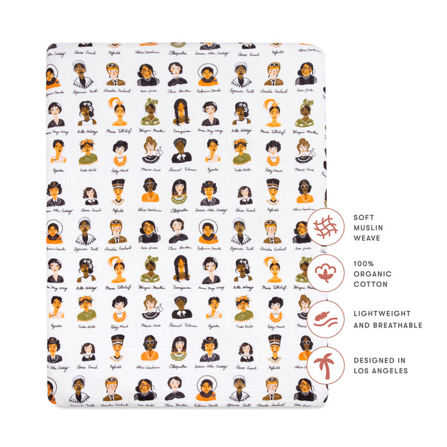 T28433,Women In History Muslin All-Stages Midi Crib Sheet in GOTS Certified Organic Cotton