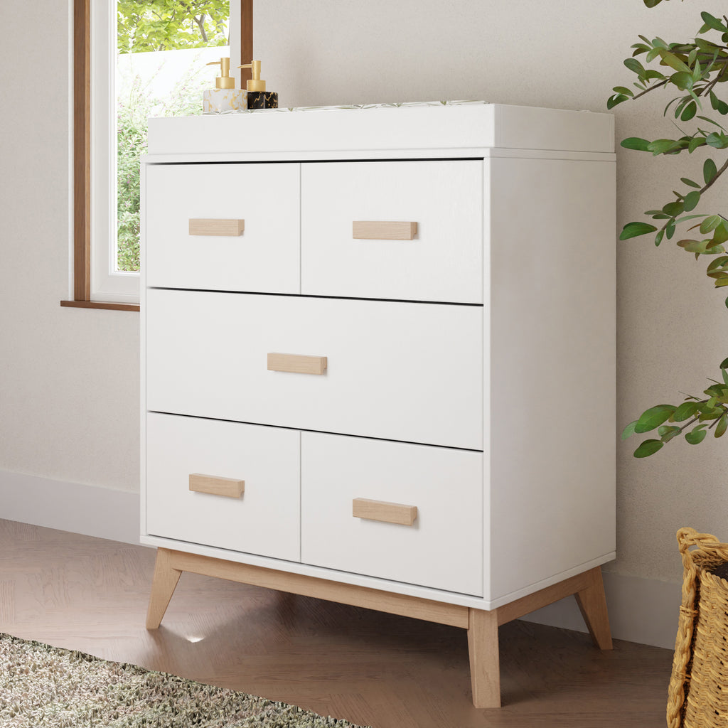 M5823WNX,Scoot 3-Drawer Changer Dresser in White/Washed Natural Finish