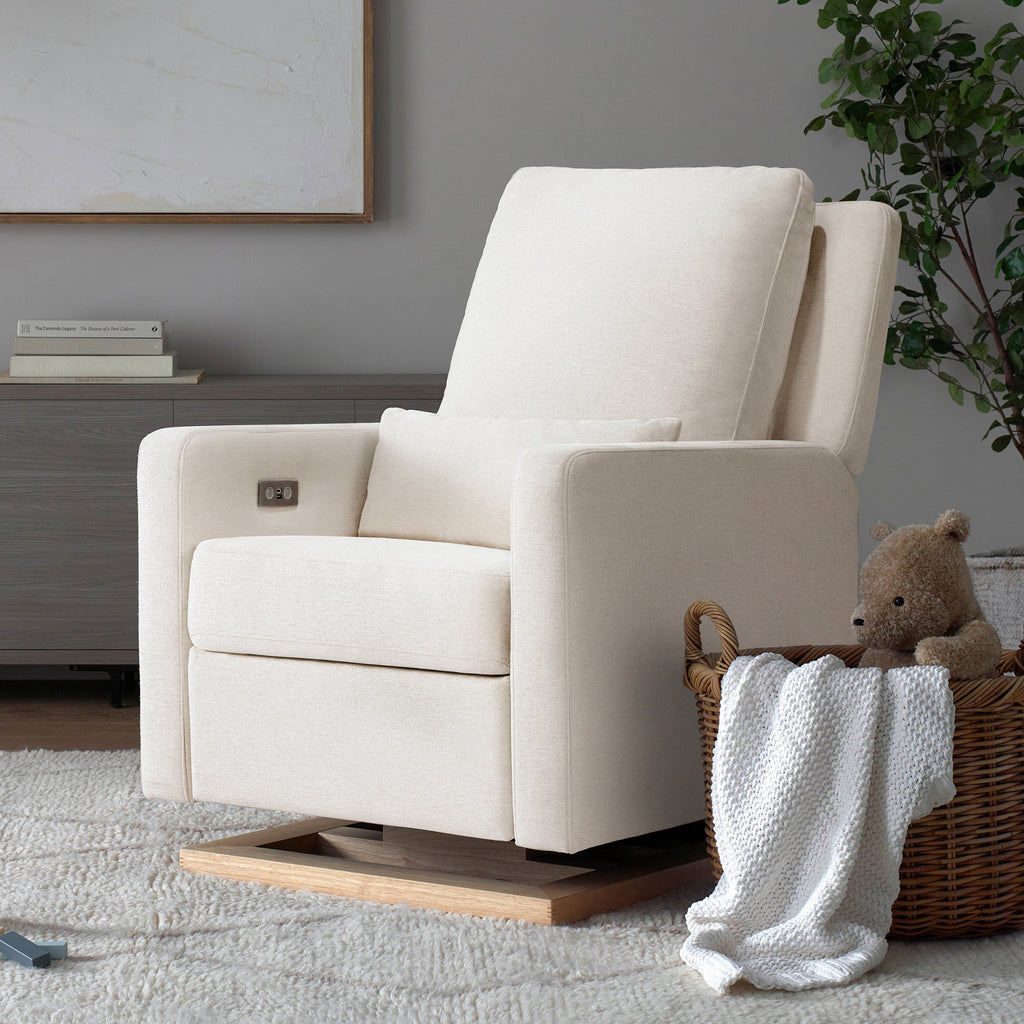 M23085PCMEWLB,Babyletto,Sigi Glider Recliner w/ Electronic Control and USB in Performance Cream Eco-Weave w/Light wood base