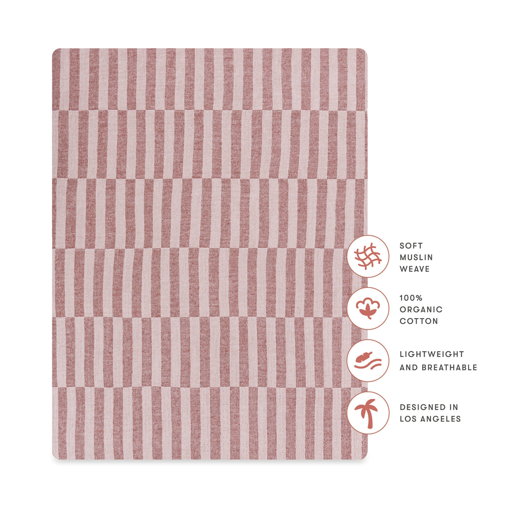 T30433,Babyletto,Maroon Stripe Muslin All-Stages Midi Crib Sheet in GOTS Certified Organic Cotton