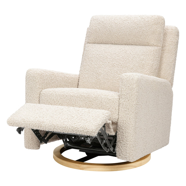 M23082ATLB,Babyletto,Sigi Pro Power Glider Recliner w/ Power Lumbar in Almond Teddy Loop w/Light Wood Base