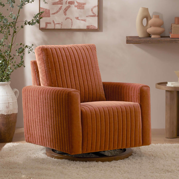 M26687RTVDB,Babyletto,Poe Channeled Swivel Glider in Rust Velvet with Dark Wood Base