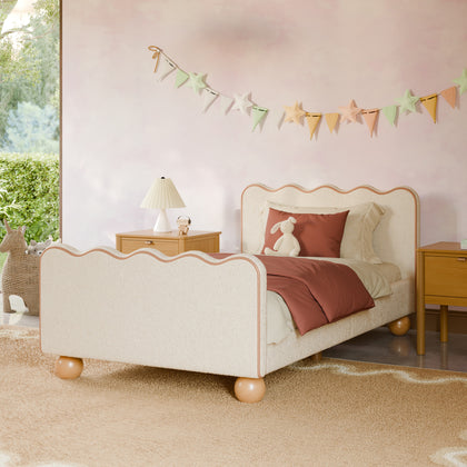 M31369PWBTAN,Babyletto Kids,Rizo Twin Bed in Performance Ivory Boucle w/ VTan Leather Piping