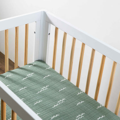 T27136,Babyletto,Ocean Waves Muslin Mini Crib Sheet in GOTS Certified Organic Cotton