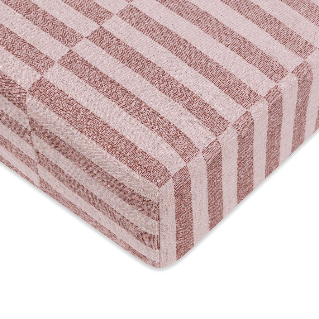 T30435,Babyletto,Maroon Stripe Muslin Crib Sheet in GOTS Certified Organic Cotton