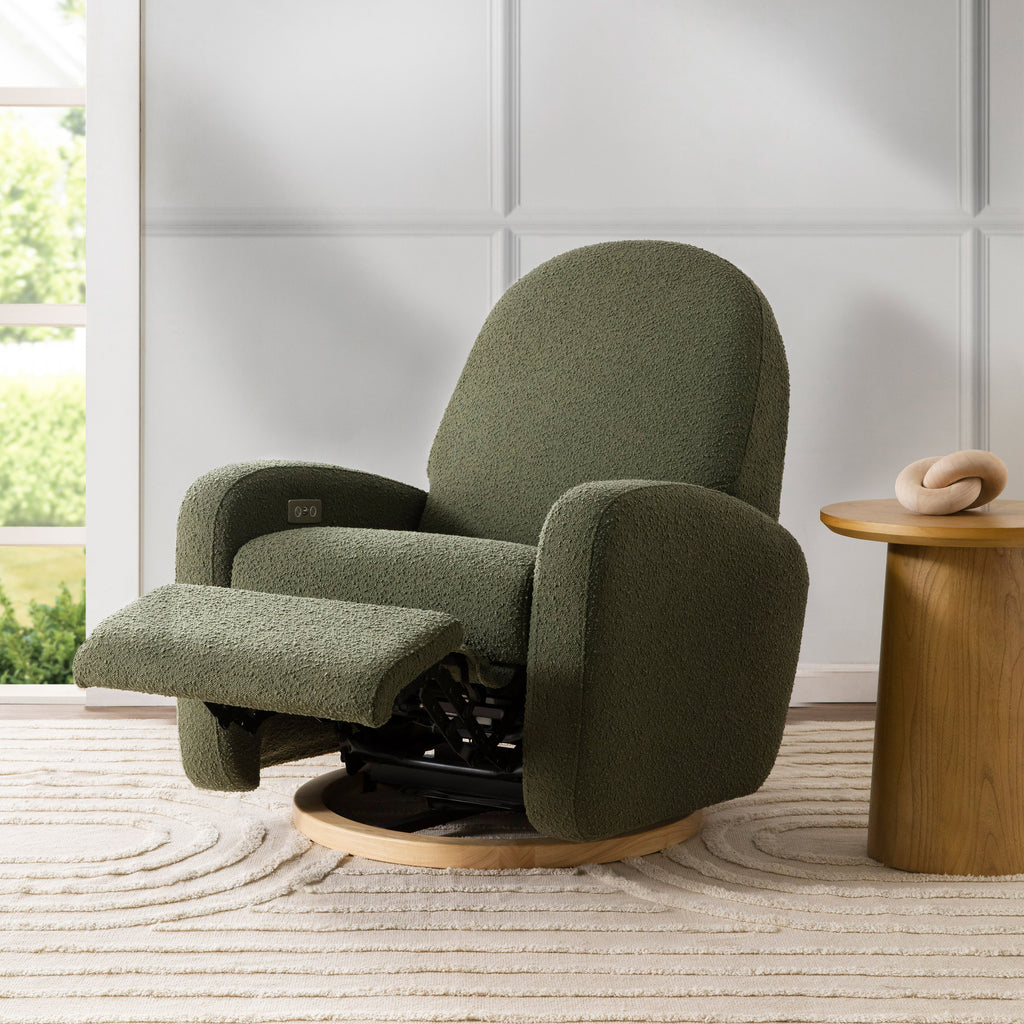 M23188OBLB,Babyletto,Nami Glider Recliner w/ Electronic Control and USB in Olive Boucle w/Light Wood Base