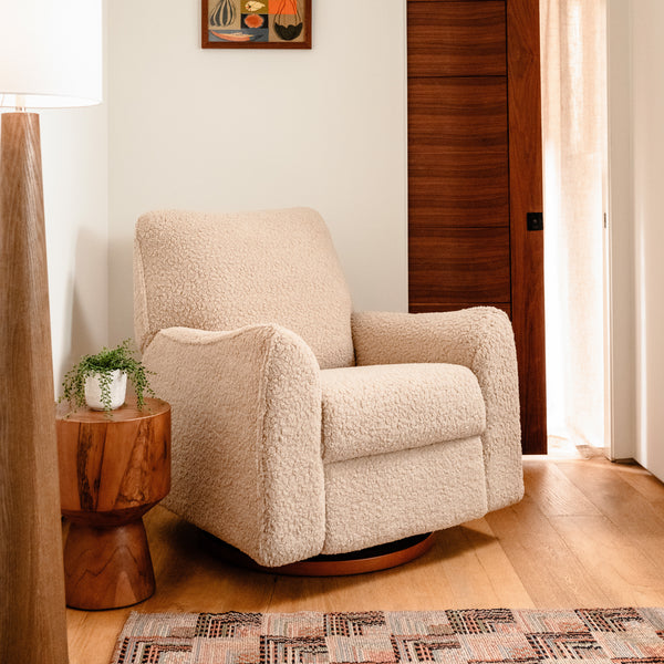 M24087CSGDB,Nursery Works,Sunday Power Recliner and Swivel Glider in Chai Shearling w/ Dark Wood Base