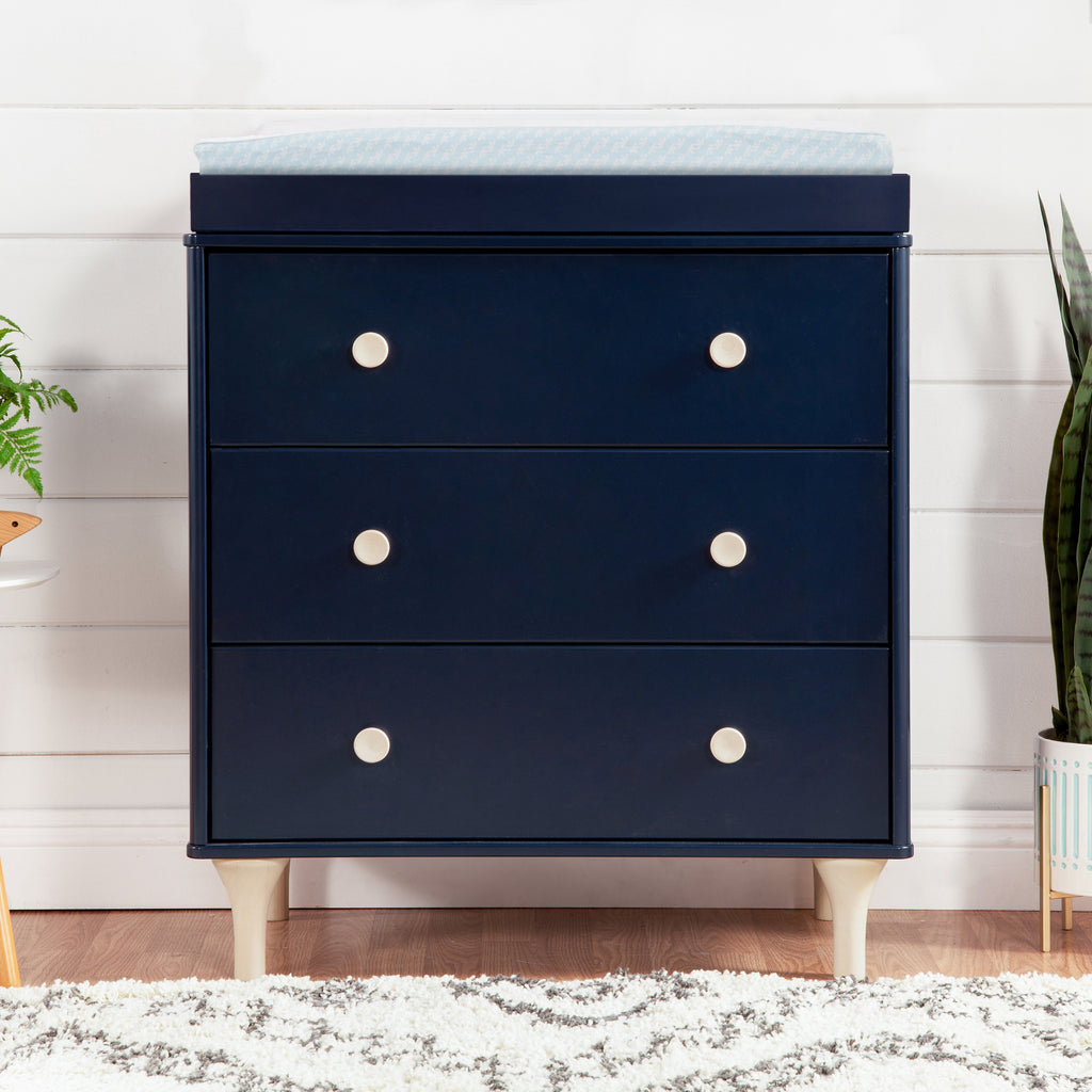 M9023VNX,Babyletto,Lolly 3-Drawer Changer Dresser w/Removable Changing Tray in Navy/Washed Natural