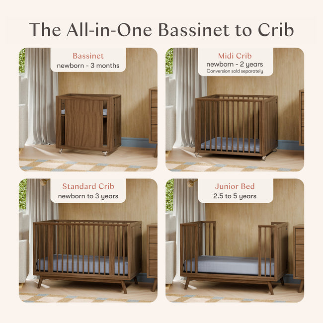 M15980NL,Babyletto,Palma 8-in-1 Convertible All-Stages® Crib w/ Bassinet & Toddler Bed Kits in Natural Walnut