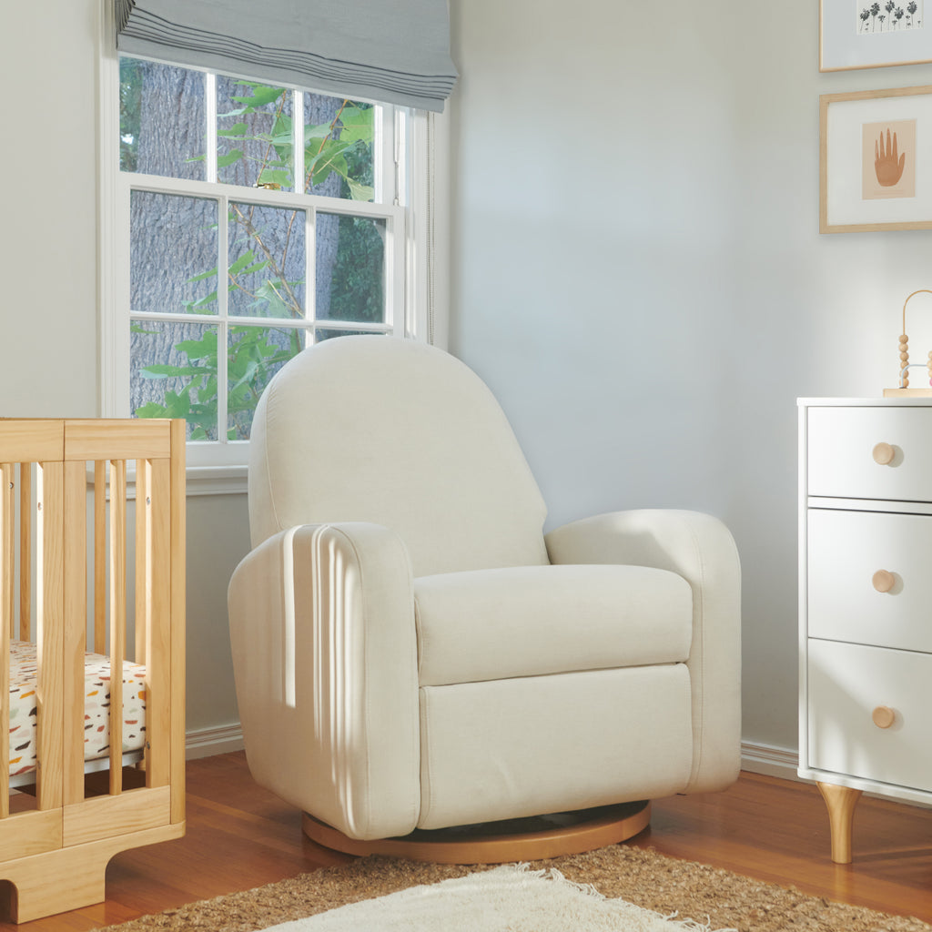 M23188PCMEWLB,Babyletto,Nami Glider Recliner w/ Electronic Control and USB in Performance Cream Eco-Weave w/Light wood base