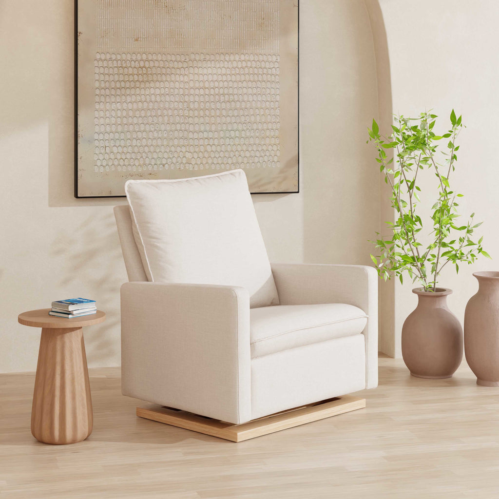 M20984PCMEWLB,Babyletto,Cali Pillowback Chair and a Half Glider in Performance Cream Eco-Weave w/ Light Wood Base