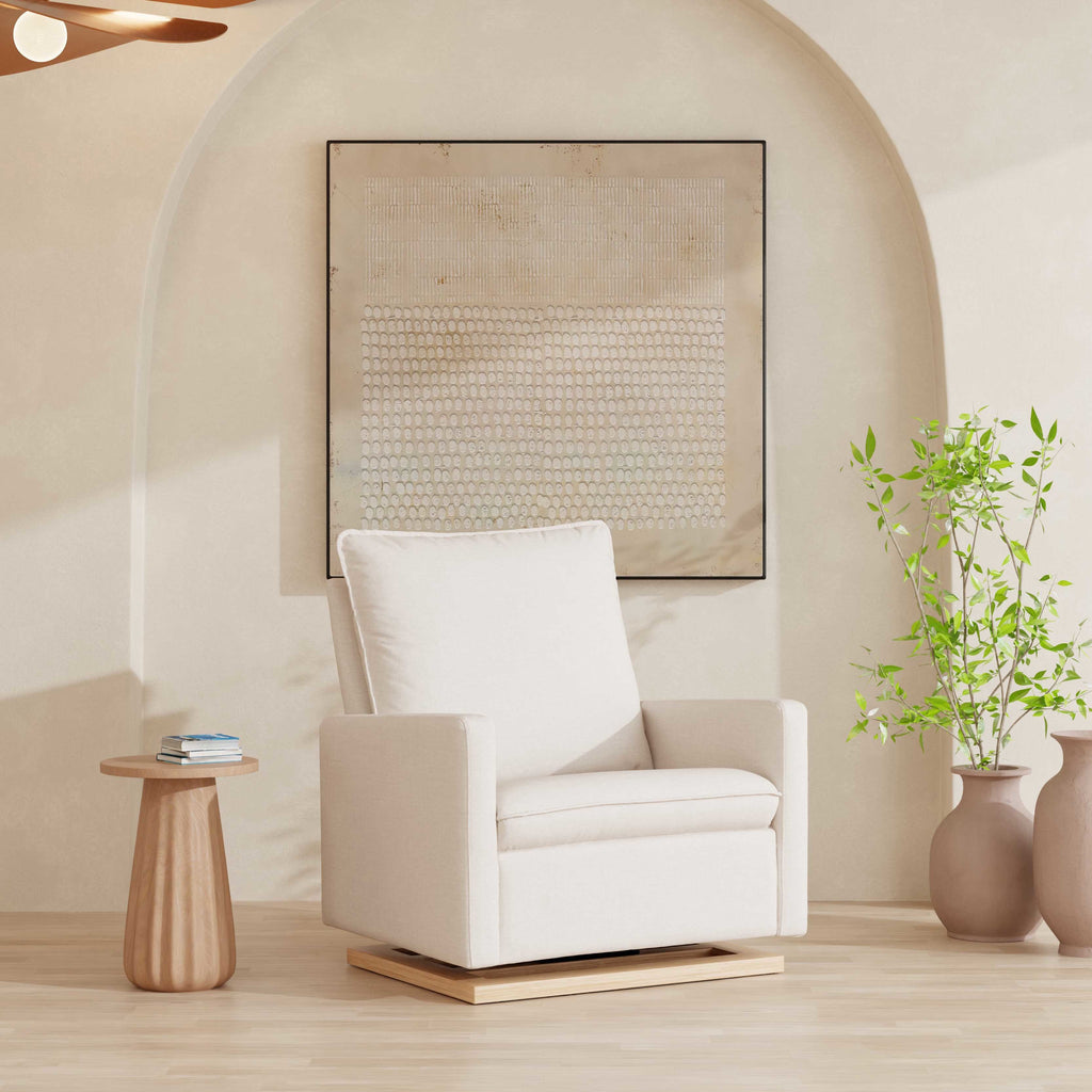 M20984PCMEWLB,Babyletto,Cali Pillowback Chair and a Half Glider in Performance Cream Eco-Weave w/ Light Wood Base