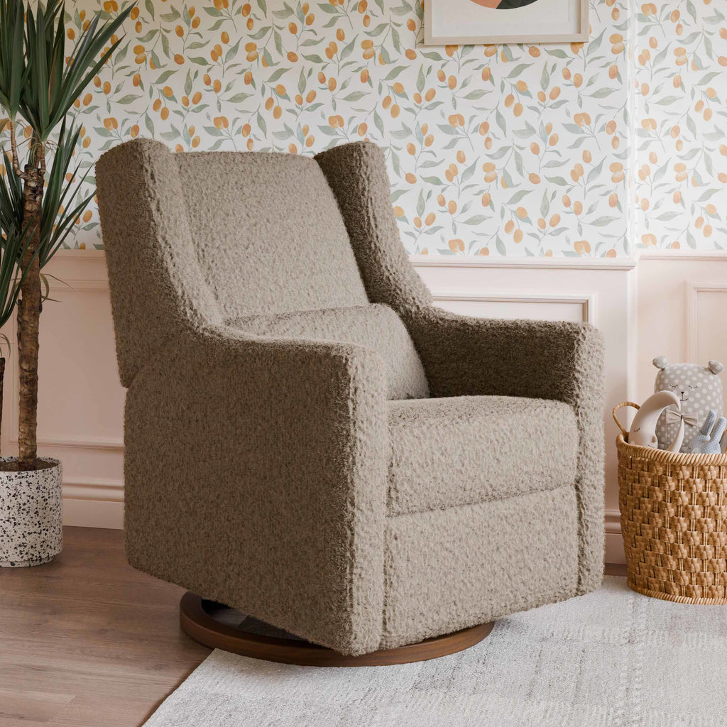 M11288LTDB,Kiwi Glider Recliner w/ Electronic Control and USB in Latte Teddy Loop w/ Dark Wood Base