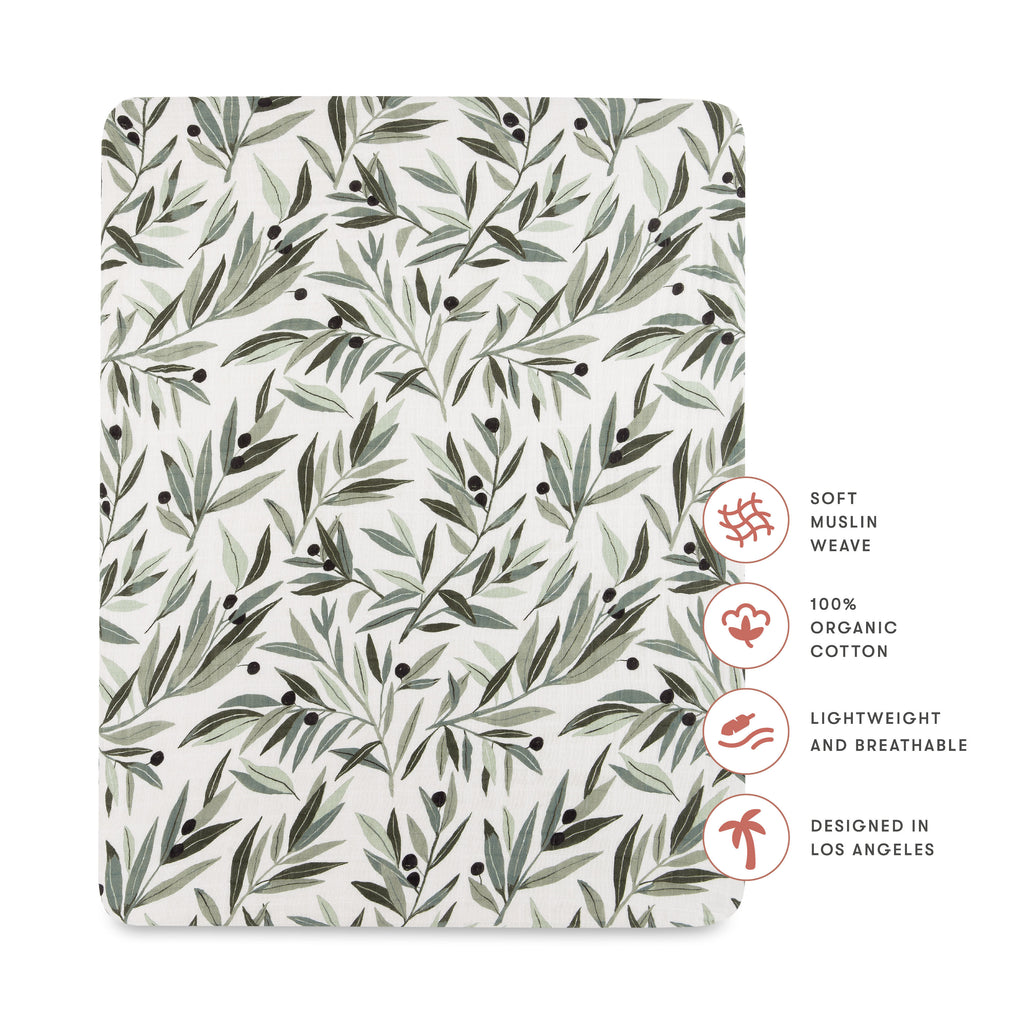 T28233,Babyletto,Olive Branches Muslin All-Stages Midi Crib Sheet in GOTS Certified Organic Cotton