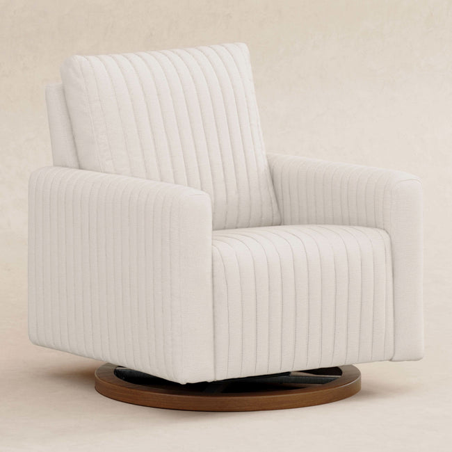 M26687PCMEWDB,Babyletto,Poe Channeled Swivel Glider in Performance Cream Eco-Weave w/ Dark Wood Base