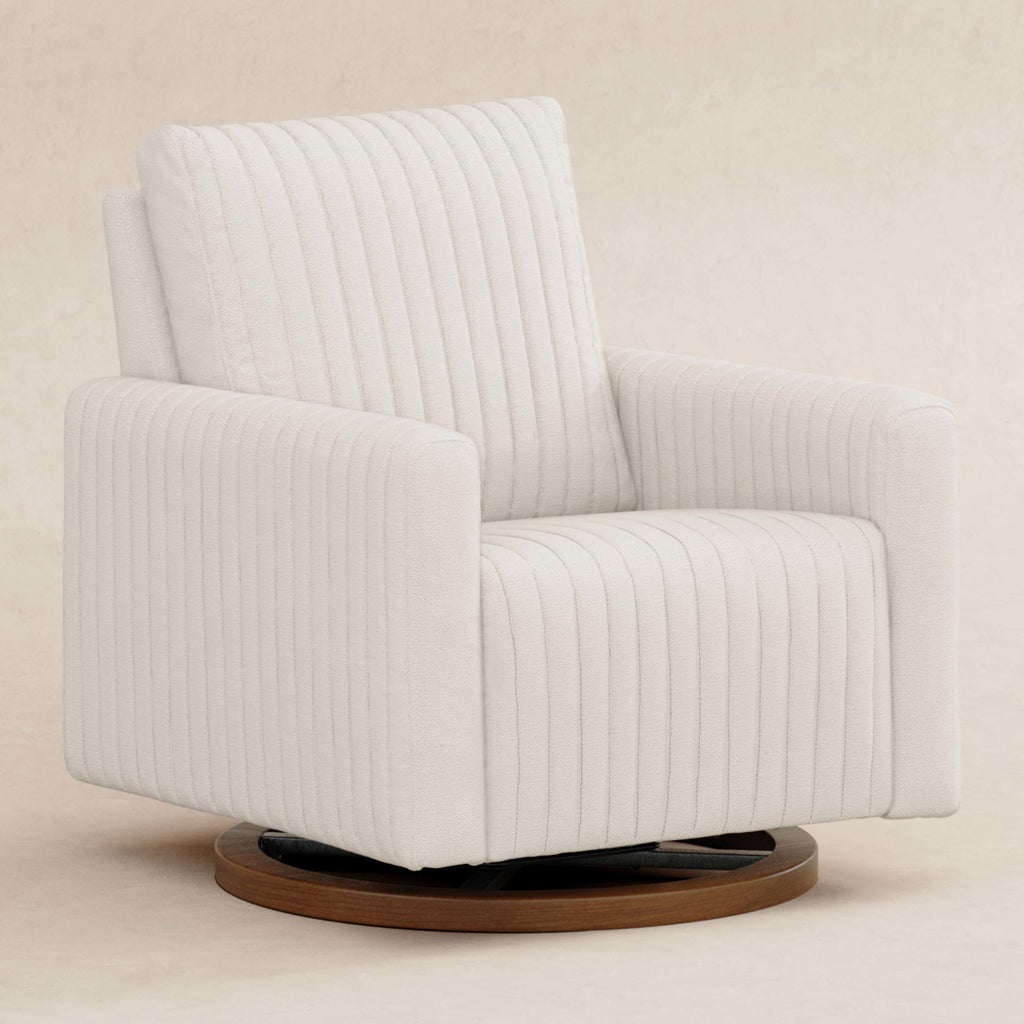 M26687PCMEWDB,Babyletto,Poe Channeled Swivel Glider in Performance Cream Eco-Weave w/ Dark Wood Base