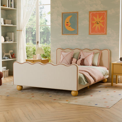 M31396PWBTAN,Babyletto Kids,Rizo Full Bed in Performance Ivory Boucle w/ VTan Leather Piping