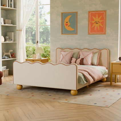 M31396PWBTAN,Babyletto Kids,Rizo Full Bed in Performance Ivory Boucle w/ VTan Leather Piping